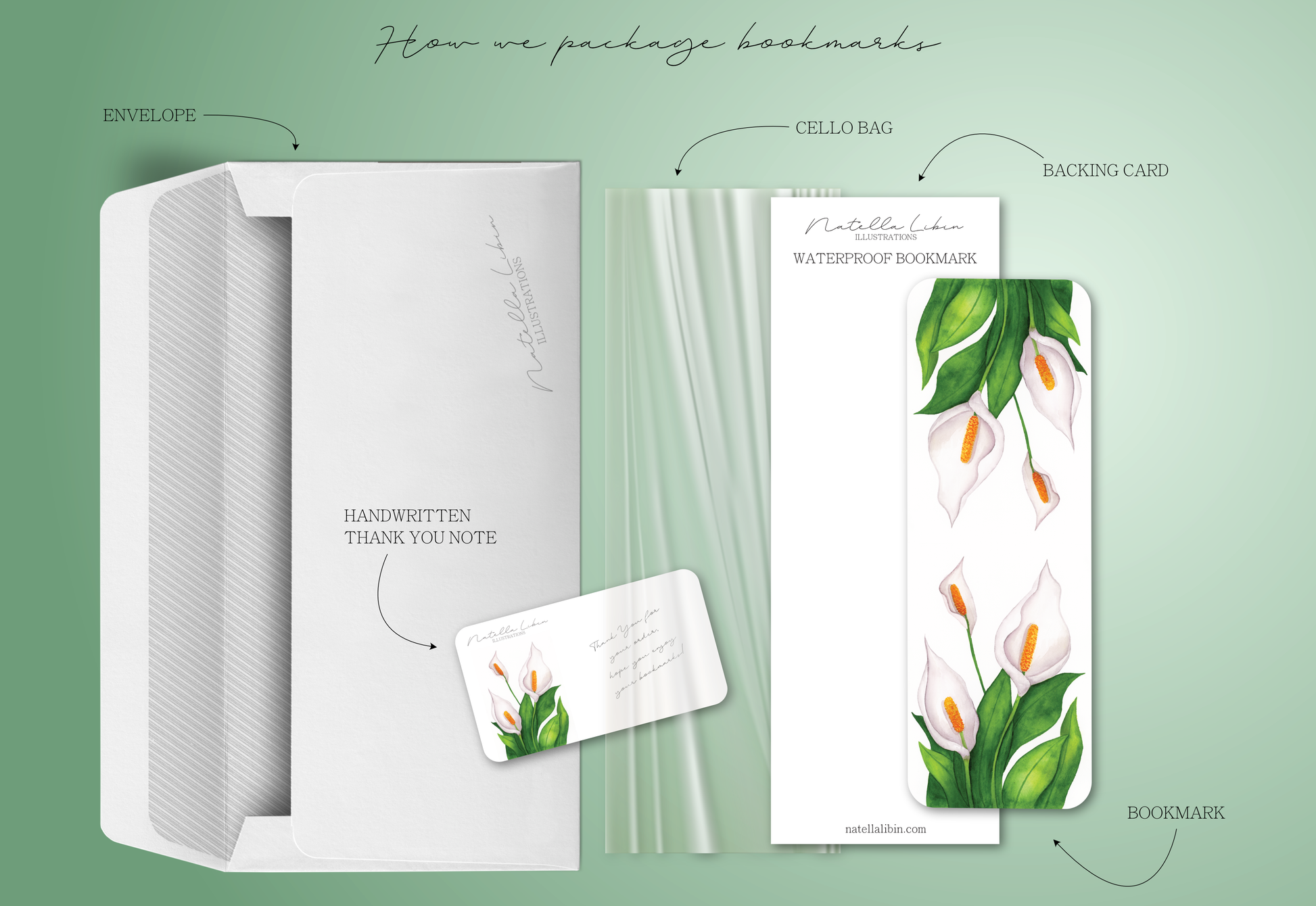 Pink Cala Lilies And Greenery Bookmark | Natella Libin